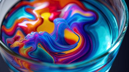 Vibrant liquid art swirling in a glass, creating a mesmerizing spectacle of color and movement. Ai generated imageの素材
