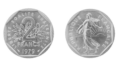 Obverse and reverse of 1979 2 francs nickel french coin isolated on white backgroundの写真素材