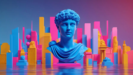 Blue roman bust standing in a colorful and surreal vaporwave cityscape reflecting on water. Ai generated imageの素材