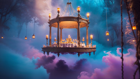 Magical floating dinner table under a gazebo illuminated by candles and surrounded by hanging lanterns creates an enchanting atmosphere. Ai generated imageの素材