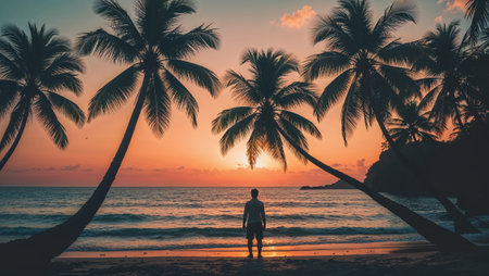Tourist enjoying breathtaking sunset view on a beautiful beach with palm trees. Ai generated imageの素材