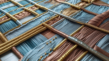 Metallic threads in gold, silver, and copper intertwine, creating a textured and modern tapestry. Ai generated imageの素材