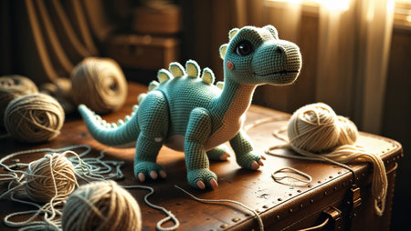 Cute handmade crochet dinosaur standing on an antique leather trunk surrounded by balls of yarn, bathed in warm sunlight. Ai generated imageの素材