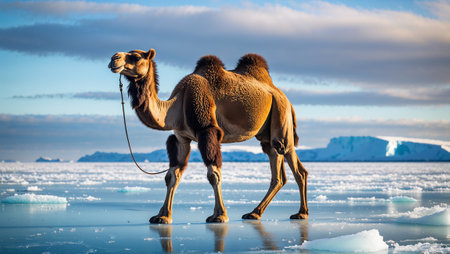 Domesticated bactrian camel walking on a frozen lake with ice floes and mountains in the background. Ai generated imageの素材