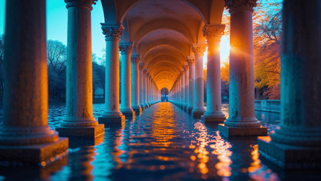 Colonnade with columns partially submerged by water reflecting the sunset light, creating a beautiful tunnel effect. Ai generated imageの素材