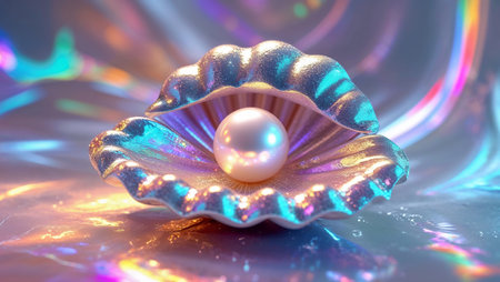 Beautiful pearl glowing inside an open shell on a holographic background, creating a luxurious and magical atmosphere. Ai generated imageの素材