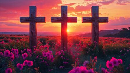 Three wooden crosses stand in a field of pink flowers with a beautiful sunset in the background. Ai generated imageの素材