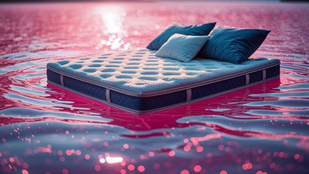 Comfortable mattress floats on tranquil pink water at sunset, creating a serene and dreamlike image of relaxation and sleep. Ai generated imageの素材