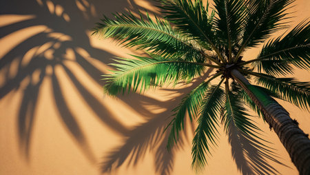 Green palm tree casting shadow on orange wall in bright sunlight, creating tropical summer vibe. Ai generated imageの素材
