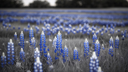 Striking bluebonnets add vibrant color to a desaturated meadow. Ai generated imageの素材