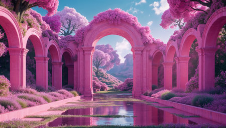 Pink arches and pillars create a picturesque frame around a vibrant landscape, showing the beauty of nature in an otherworldly setting. Ai generated imageの素材