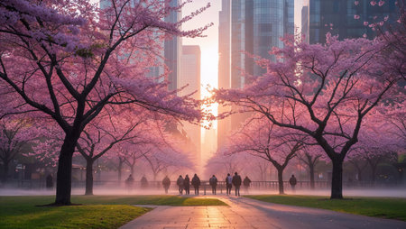 Scenic view of people enjoying a misty sunrise walk on a paved path lined with beautiful pink cherry blossom trees and modern skyscrapers. Ai generated imageの素材