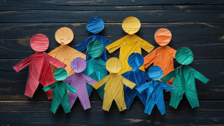 Colorful paper people chain symbolizing diversity, inclusion, and community on a dark wooden background. Ai generated imageの素材