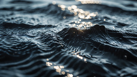 Dark blue waves reflecting sunlight at sunset creating beautiful ripples. Ai generated imageの素材