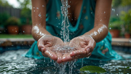 Woman collecting water in her hands, enjoying the freshness and purity of the natural element. Ai generated imageの素材