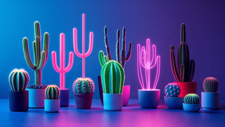 Potted cacti and neon cacti lights illuminate a vibrant blue backdrop, creating a striking contrast. Ai generated imageの素材