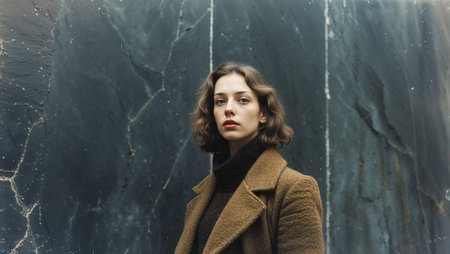 Fashion model posing in front of a marble wall, wearing a brown coat and black turtleneck. Ai generated imageの素材