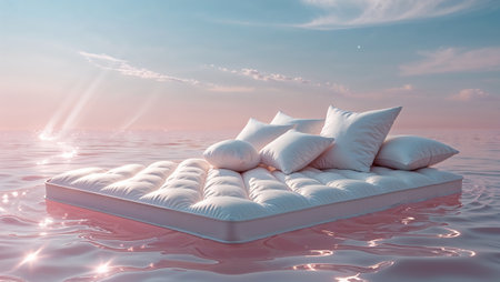 White mattress floating on calm water with pillows at sunset, promoting a concept of relaxing sleep. Ai generated imageの素材