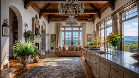 Elegant interior design in a luxury living room, featuring a crystal chandelier, wooden ceiling beams, and large windows offering breathtaking mountain views. Ai generated imageの素材