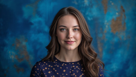 Portrait of a beautiful young caucasian woman smiling against a textured blue wall. Ai generated imageの素材