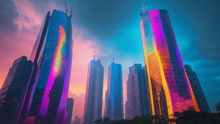 Colorful skyscrapers reflecting the vibrant hues of a beautiful sunset, creating a stunning urban landscape. Ai generated imageの素材