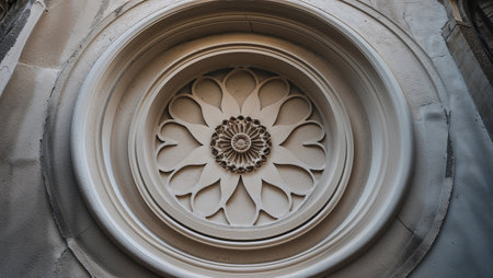 Intricate floral stone carving adorns a building's exterior, showcasing detailed craftsmanship and architectural elegance. Ai generated imageの素材