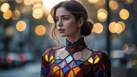 Brunette model wearing an artistic stained glass dress posing in an urban sunset with bokeh effect. Ai generated imageの素材
