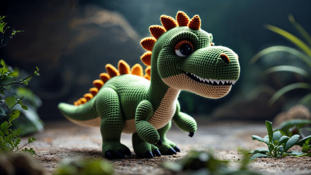 Adorable handmade crochet dinosaur toy exploring a lush prehistoric jungle setting. Ai generated imageの素材