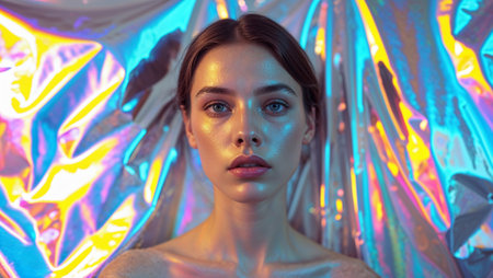 Beautiful woman with colorful makeup posing in front of an iridescent background with vibrant holographic reflections. Ai generated imageの素材