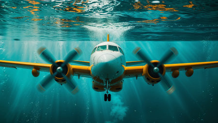 Propeller airplane flying underwater in the ocean with its propellers turning and creating bubbles. Ai generated imageの素材