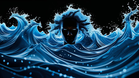 Surreal portrait of a woman emerging from ocean waves with water hair, creating a fantasy and magical atmosphere. Ai generated imageの素材