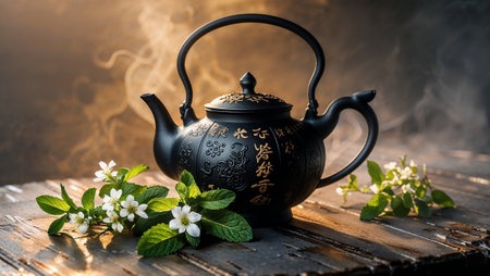 Traditional black teapot emanating steam, adorned with jasmine flowers and mint, creating a serene tea time atmosphere. Ai generated imageの素材