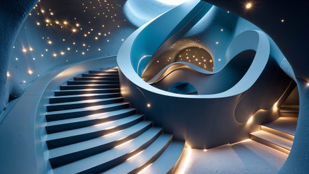 Empty modern spiral staircase illuminated by spotlights resembling stars in a dark blue futuristic building interior. Ai generated imageの素材