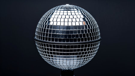 Classic disco ball spinning and reflecting light beams, creating a festive atmosphere. Ai generated imageの素材