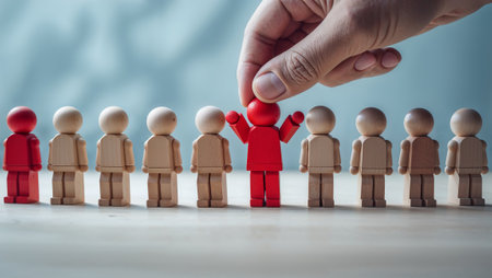 Hand choosing red wooden figure, representing talent acquisition, recruitment, or leadership selection. Ai generated imageの素材