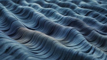 Close up of a textured blue fabric forming a wavy, abstract pattern. Ai generated imageの素材