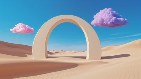 Pink and purple clouds float over a minimalist archway in a surreal desert landscape under a clear blue sky. Ai generated imageの素材
