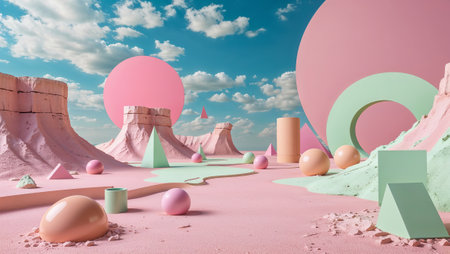 Pink and green geometric shapes dot a pastel colored desert landscape under a blue sky with fluffy clouds, creating a surreal and otherworldly atmosphere. Ai generated imageの素材