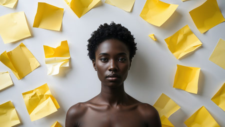 Young woman with sticky notes on a white background representing ideas, to do lists, or reminders. Ai generated imageの素材