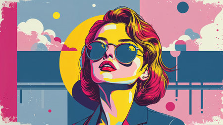 Pop art illustration of a fashion model wearing sunglasses, with colorful background and geometric shapes. Ai generated imageの素材
