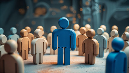 Blue figurine standing out in a crowd of wooden figures, representing individuality and being different. Ai generated imageの素材