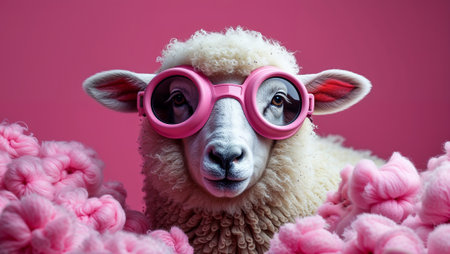 Sheep wearing pink goggles and surrounded by pink wool on a pink background, creating a fun and playful scene. Ai generated imageの素材
