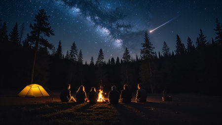 Friends sitting around campfire, enjoying starry night sky with milky way and shooting star. Ai generated imageの素材