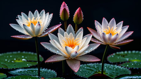 Three delicate water lilies with rain drops blooming in a pond with dark water and two flower buds. Ai generated imageの素材