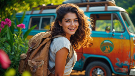 Young woman traveler with backpack smiling near vintage minivan, ready for road trip adventure. Ai generated imageの素材