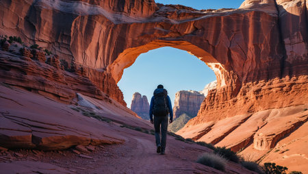 Hiker with backpack walking on a trail under a natural sandstone arch in the desert. Ai generated imageの素材