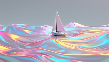 Minimalist surreal composition featuring a white sailboat navigating iridescent, wavy sea, creating a dreamy, abstract seascape. Ai generated imageの素材