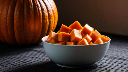 Cubed pumpkin pieces intricately with light and shadows, enhancing texture and depth. AI generated imageの素材