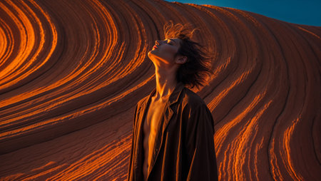 Fashion model with flowing hair and open jacket enjoying the golden hour light on sandstone formations. Ai generated imageの素材