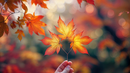 Hand holding three beautiful orange autumn leaves with blurred background of trees in fall colors. Ai generated imageの素材